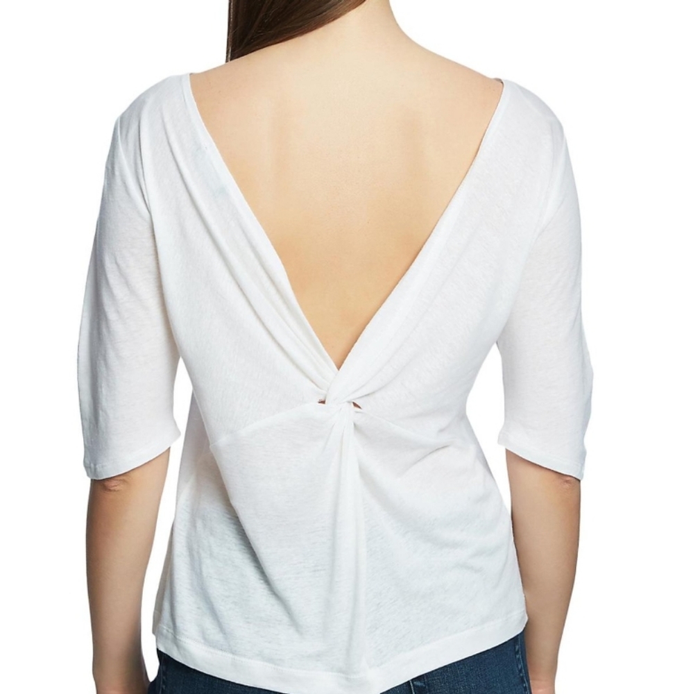 White Linen Blend Open Back Knit Top